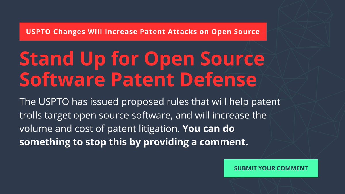linuxfoundation's tweet image. The USPTO has issued proposed rules that will make it harder for everyone in open source to challenge bad patents. Let them know you want a fair and open system for all, where anyone can seek a review of an invalid patent.

Provide your comment: hubs.la/Q01RXgSp0