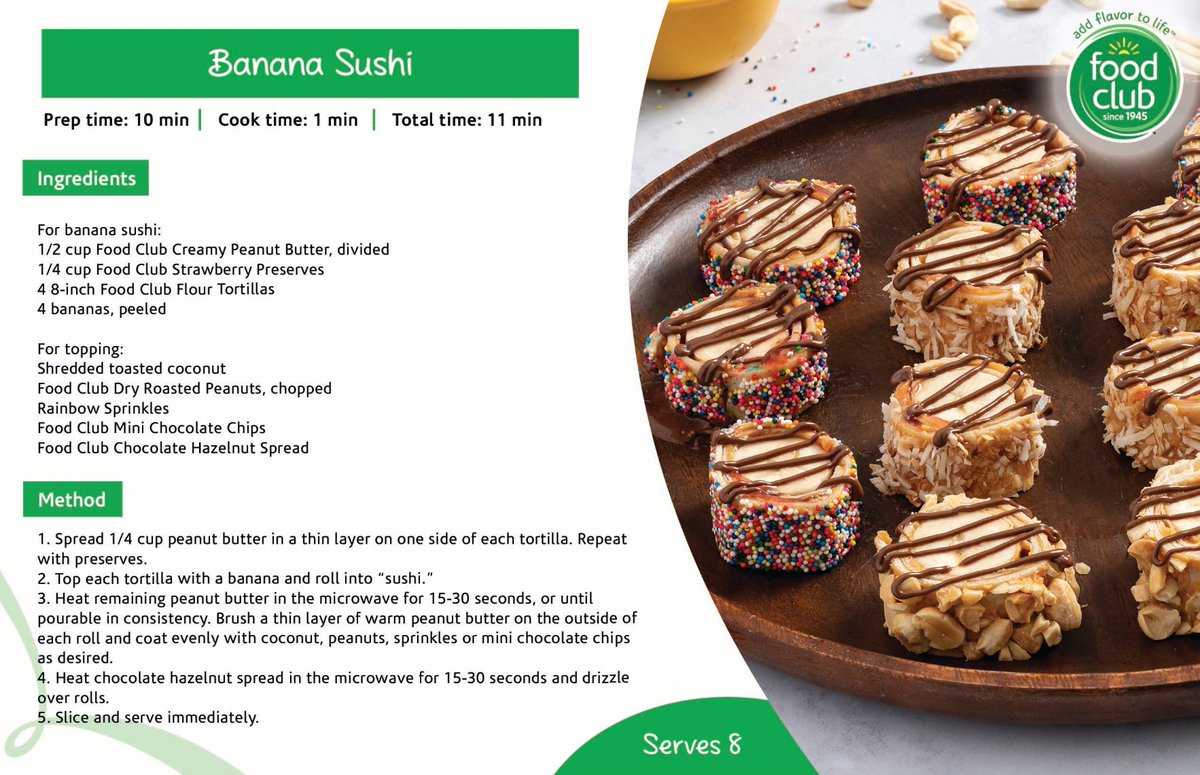 Put a twist on snack time with our Banana Sushi. Fun to create &amp; to eat, they will become a family favorite! 🍌 Find this fun, easy recipe here: pin.it/6mK66Ph