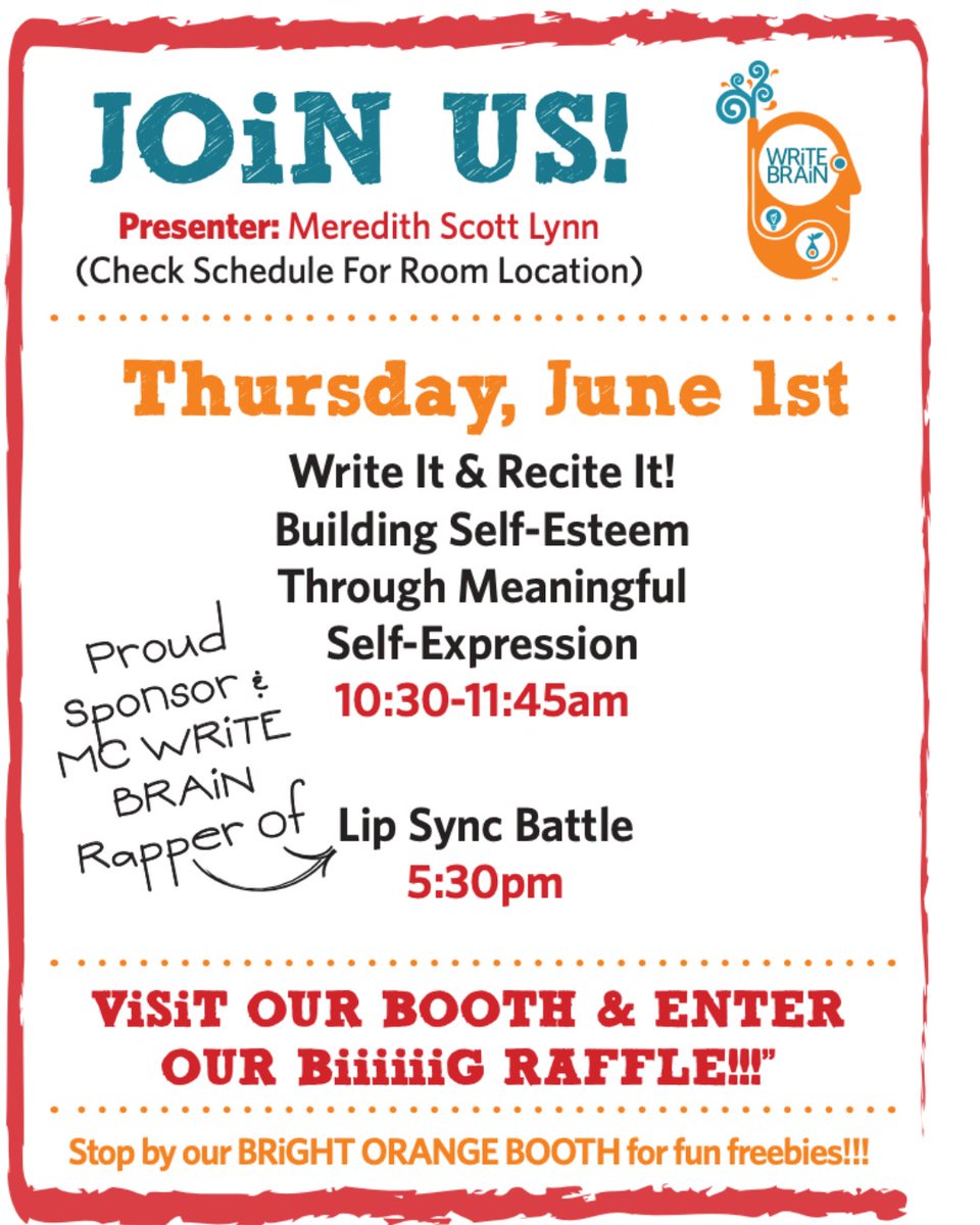 LOOKiNG for a GREAT SESSiON? JOiN US at 10:30 am in the Bayview Room (Omni Hotel, 1st Floor) for 'WRiTE iT & RECiTE iT! Building Self-Esteem Through Meaningful Self-Expression' #OST @WriteBrainBooks #authors #inspiration