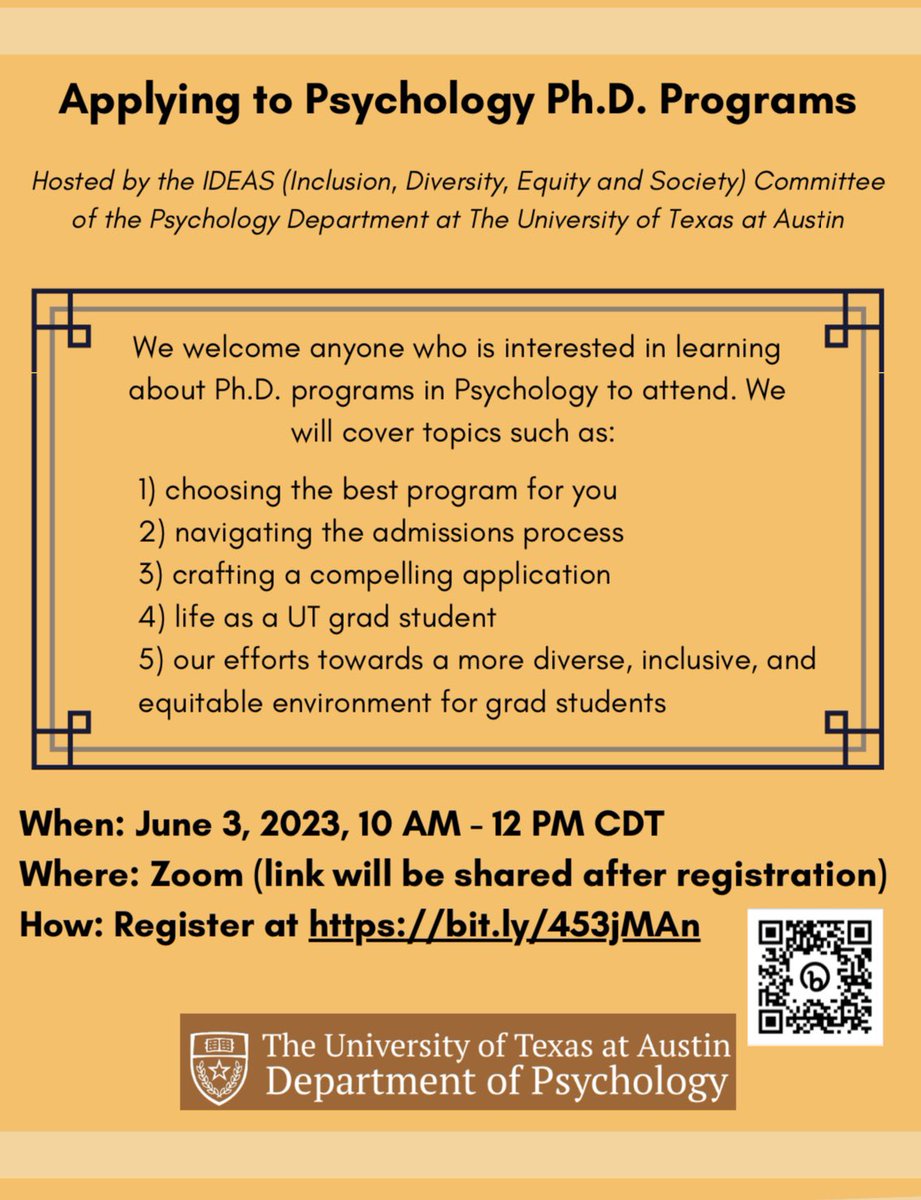 UT Psychology department is holding their annual summer doctoral program info session this Saturday. Students from other universities are welcomed to attend💥
#UTAustin #clinicalpsych #behavioralneuro #cogneuro #developmentalpsych