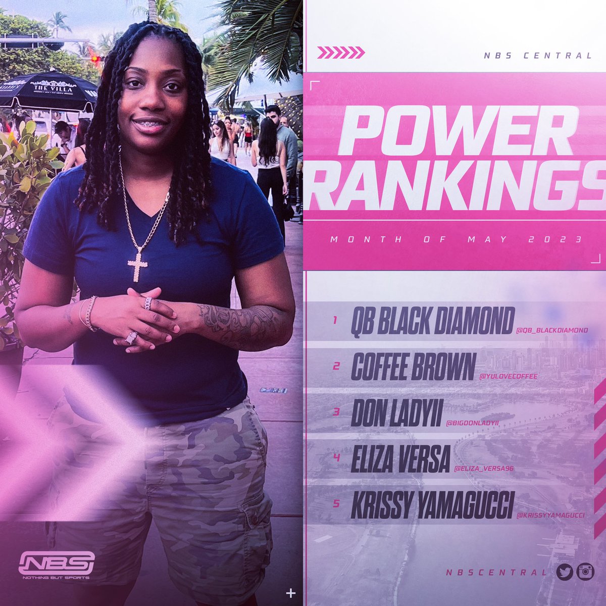 This is the official FEMALE NBS POWER RANKINGS for the month of MAY. Shoutout to the media platforms who voted.

<a href="/QB_BlackDiamond/">Q.B.</a> 
<a href="/bigdonladyii/">PENNIFER TILLY🔪🩸</a> 
<a href="/eliza_versa96/">🇨🇱817 TX STEPPAH 😈</a> 
<a href="/KrissyYamagucci/">SHESUS KHRIST</a>