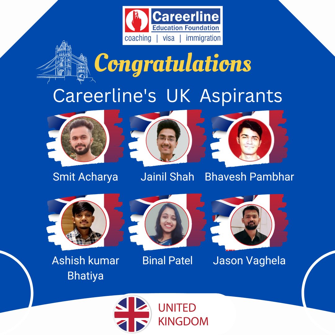 Congratulations Smit Acharya, Jainil Shah, Bhavesh Pambhar, Ashish kumar Bhatiya, Binal Patel and Jason Vaghela for getting UK Student Visa & Thank you for considering us as your trusted Student Visa Consultant. Wish you all the very best in your future endeavors.⠀⠀⠀⠀⠀⠀⠀⠀