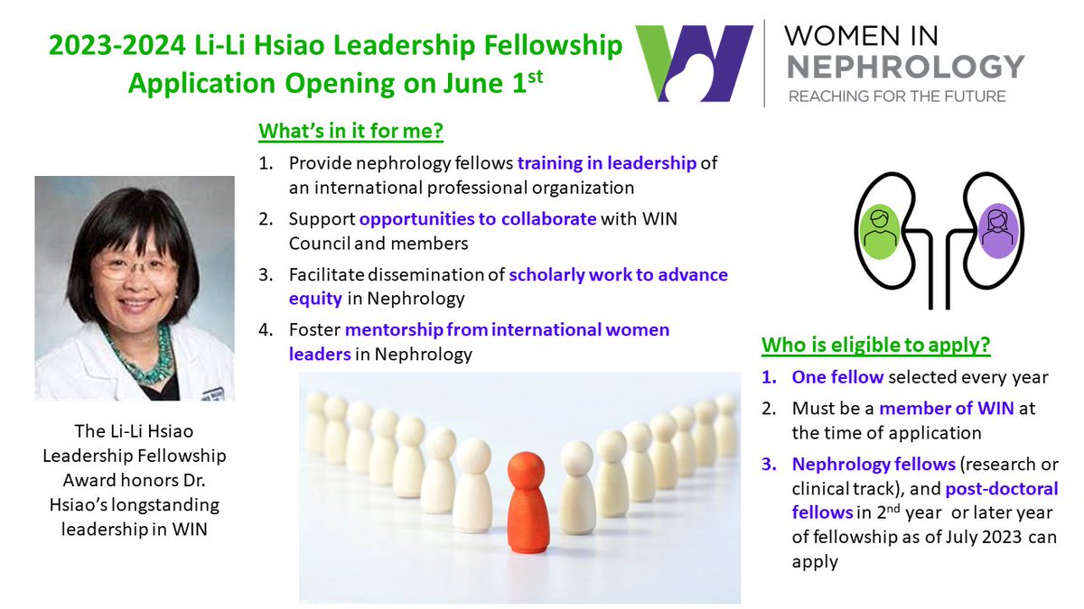 Applications for the Li-Li Hsiao Leadership Fellowship are now open! 
More information: docs.google.com/document/d/1Yz…
Application: docs.google.com/document/d/1hr…
Or email win@womeninnephrology for details. Applications are due by July 31st, 2023.