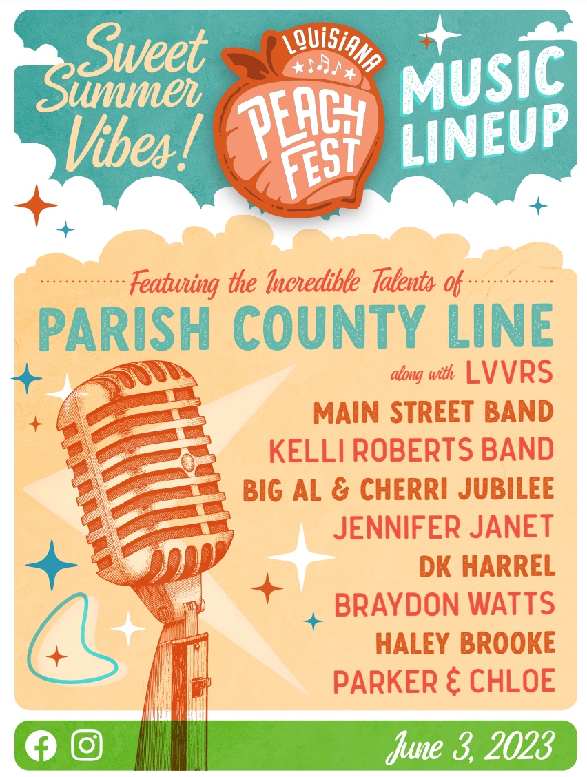 We are so excited about the #LaPeachFest on Saturday in #RustonLA! Make sure to stop by the merch tent and grab this limited edition Peach Fest Music Poster. What better way to remember the day than getting signatures from this year's artists and performers?? 🎶🍑