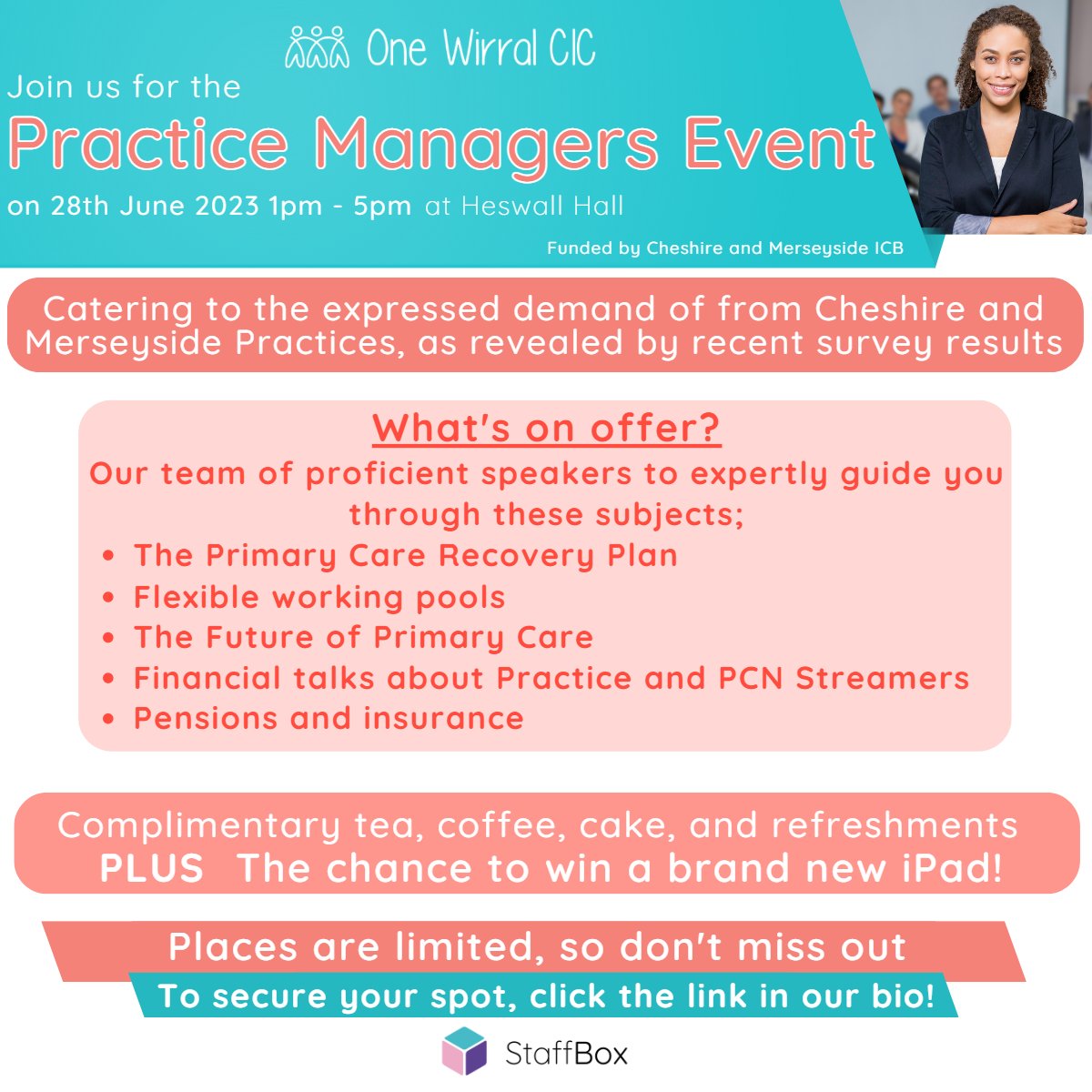 You asked, we listened! This event includes expert speakers to discuss topics that are highly sought after, as expressed by Cheshire & Merseyside Practices!

Click the link to register: tinyurl.com/3pe4uwa4

#wirral #cheshire #merseyside #practicemanagers #nhsevents #nhsgp