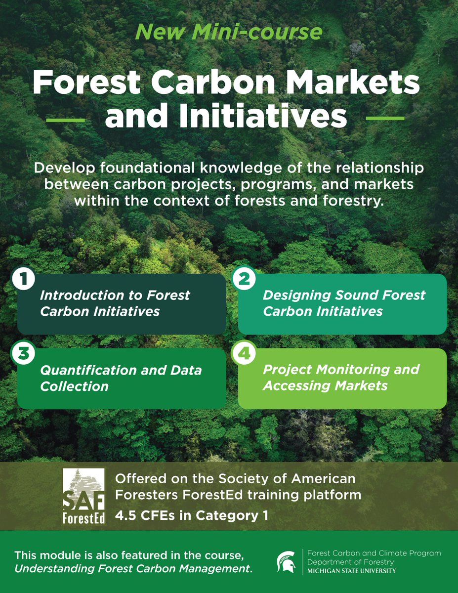 Forest Carbon Markets and Initiatives provides foundational knowledge on forest carbon initiatives, sound project design, quantification, data collection, project monitoring, and accessing markets. Earn 4.5 CFEs through SAF. Register today! bit.ly/3IQD4yA <a href="/foresters/">Society of American Foresters</a>