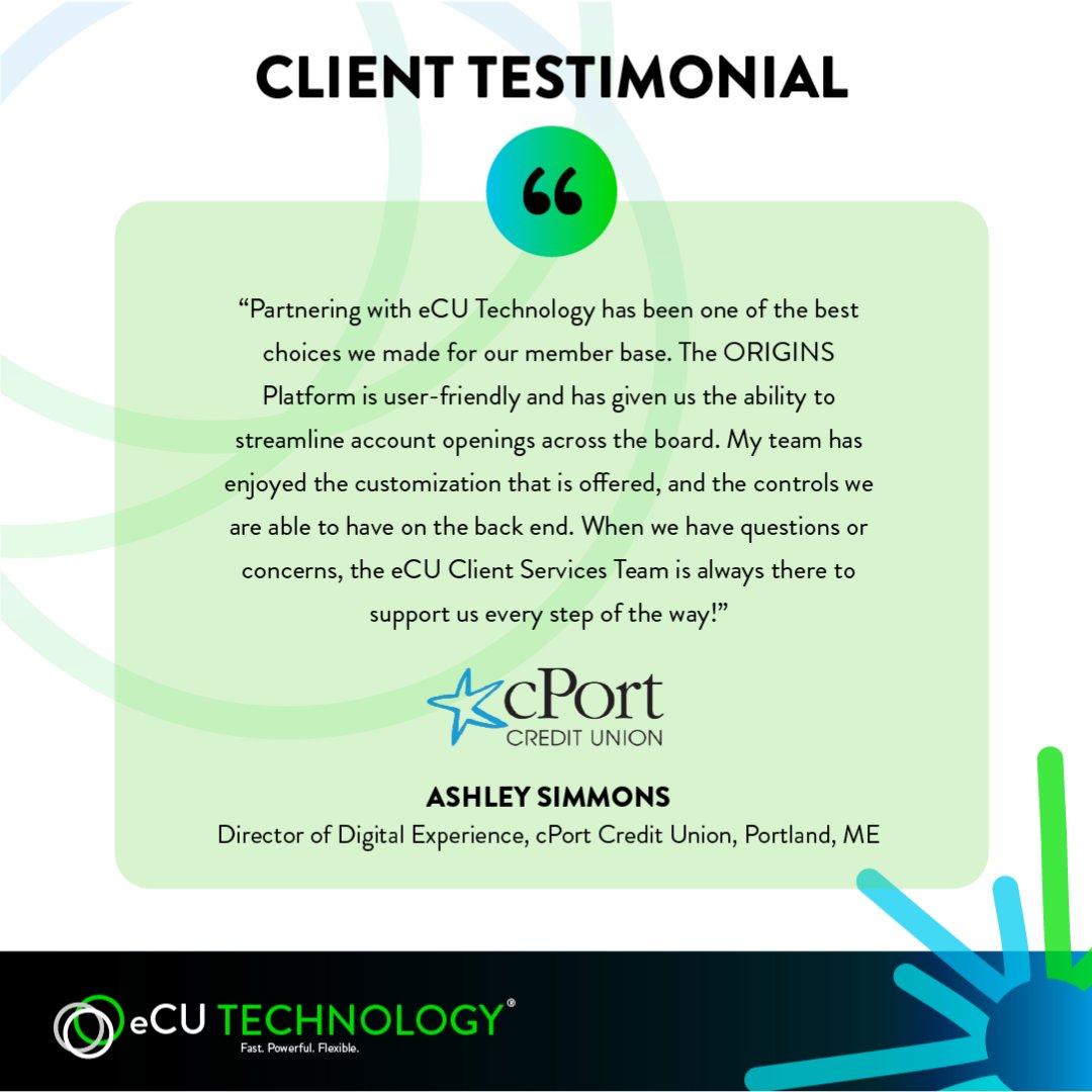 Thank you to Ashley Simmons of cPort Credit Union for your review & partnership with us!

With ORIGINS Account, we've created the most comprehensive, fast, powerful, and flexible solution for growing your credit union.

Learn more. ecutechnology.com

#ecutechnology #origins