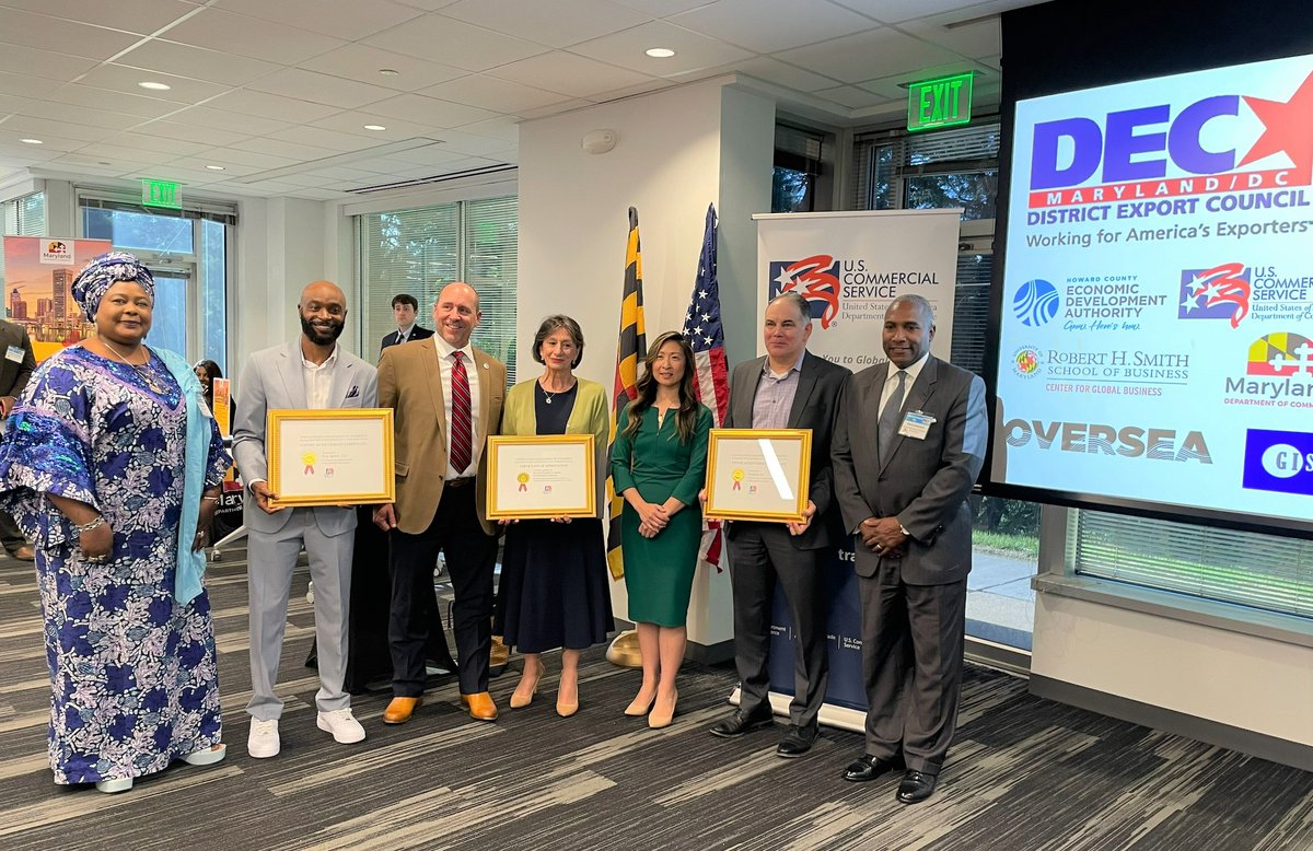 ExportGov's tweet photo. Collab with partners = #smallbusiness success. On"Maryland Day" (5/25), CS Baltimore congratulated @TraxSports Howard Co Econ Dev Authority &amp; @contiem_ on #export awards presented by Commerce US Field DAS Kendee Yamaguchi w/ support from Maryland/DC DEC, @MDBiz &amp; @SmithSchool. https://t.co/oMVOgaCMzS