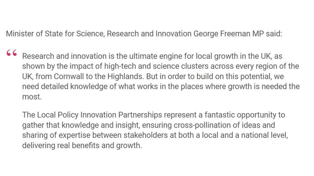 Reducing regional disparities, tackling levelling up challenges and building sustainable economic growth are just some of the topics that our Local Policy and Innovation Partnerships will address. Learn about the projects in phase one: orlo.uk/jTfce
@GeorgeFreemanMP