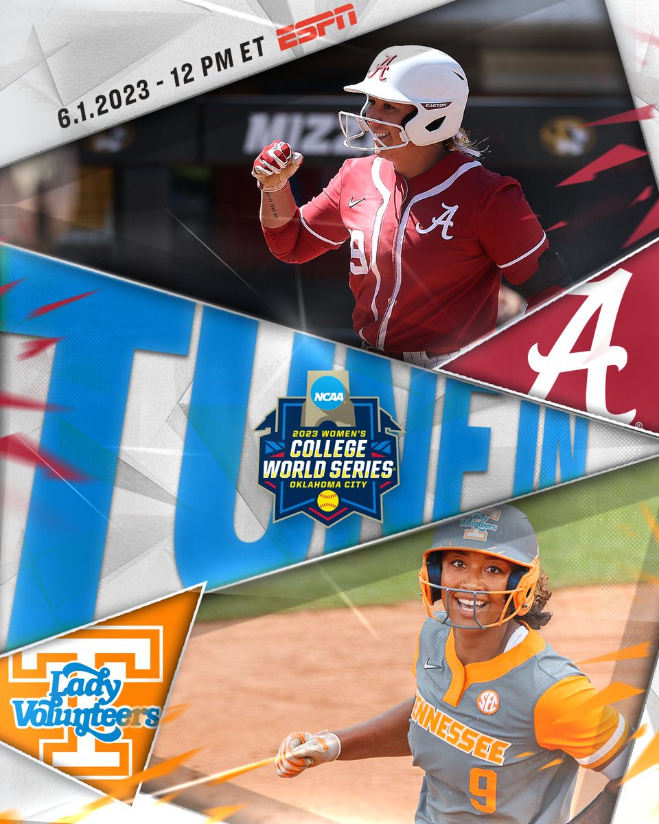 NCAASoftball's tweet photo. 🥎 TUNE IN 🥎

(5) @AlabamaSB
🆚
(4) @Vol_Softball

⏰ 12 PM ET
📺 @espn
📻 @westwood1sports

#WCWS https://t.co/XQXM66msW6