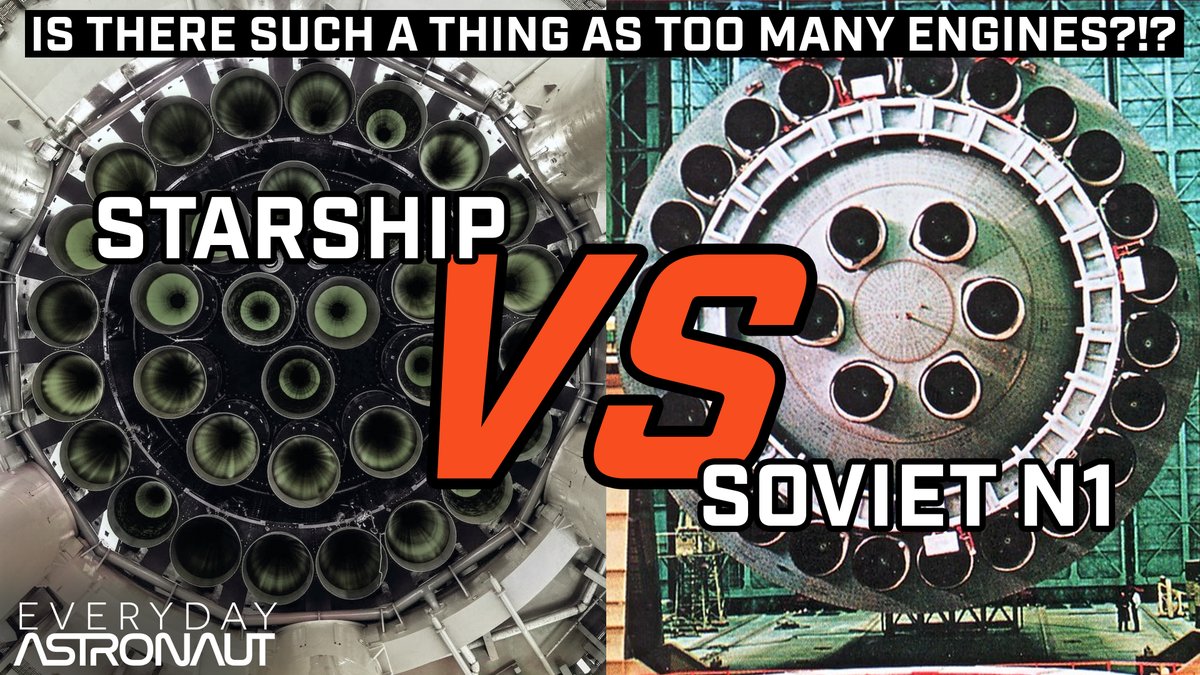 Erdayastronaut's tweet photo. NEW VIDEO!!! This is a deep dive comparing @SpaceX's Starship to the Soviet Union's N1 rocket. We answer a few important questions like will Starship fall to a similar fate as the N1, why so many engines, and what's different between them? ENJOY! - https://t.co/C6nU7Ydg3s https://t.co/956Mox4cUz