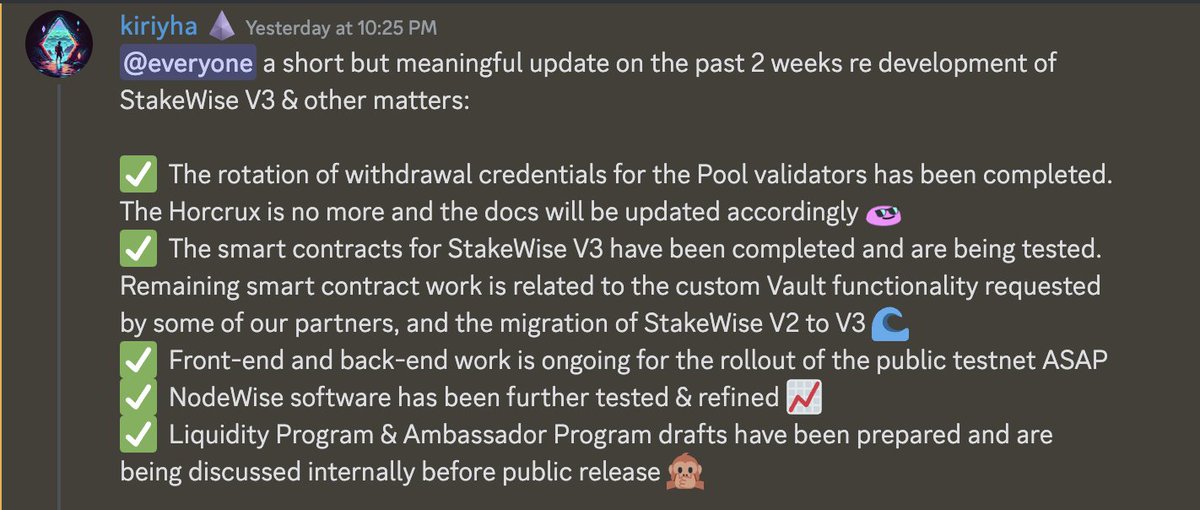 Is now a good time to discuss products that help decentralise Ethereum? Certainly feels so! 

Here's a short update on the status of StakeWise V3 development &amp; more from the development team. 

TL:DR we're entering the final stretch 🌊

Tune into our StakeWise Office Hours