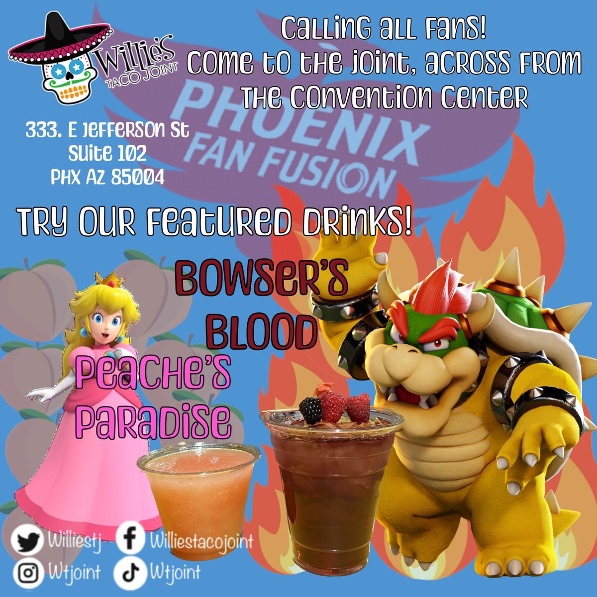 Phoenix Fan Fusion Starts tomorrow! Were next door, you won't want to miss our drink specials for the weekend! Show up in cosplay and receive 10% off your order! 💯#WilliesTacoJoint 🍻🎉🙌🍸