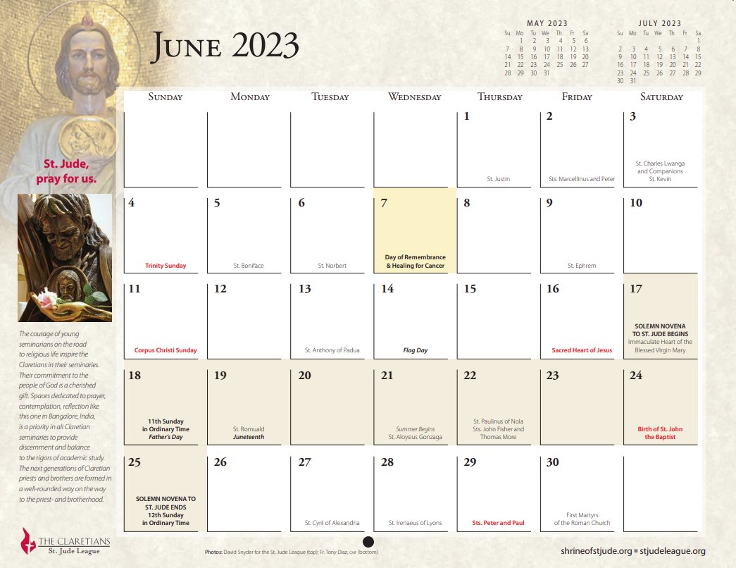 View the liturgical calendar for the month of June and keep up-to-date on this month's feast days and other celebrations: bit.ly/litcaljune

-

#stjude #liturgicalcalendar #calendar #saint #feastdays #prayforus #month #june #celebrate #novena #saintjude #stjudethaddeus