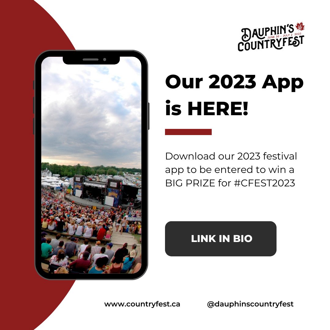 dauphincfest's tweet image. 📢 Exciting News! Introducing the #CFEST23 App! 📱✨
 Get ready to experience #DauphinsCountryfest like never before with our mobile app!  🎉When you download our App, you can fill out a form to be entered to win #CFEST23 passes OR upgrades!