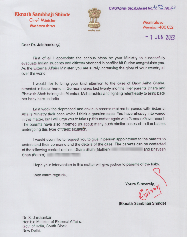 ANI's tweet photo. Maharashtra CM Eknath Shinde writes to EAM Dr S Jaishankar, drawing his attention to the case of baby Ariha Shah, "stranded in foster home in Germany since last 20 months" and whose parents met him last week.
The CM requests EAM to "give in-person appointment to the parents to understand their concerns and the details of the case."