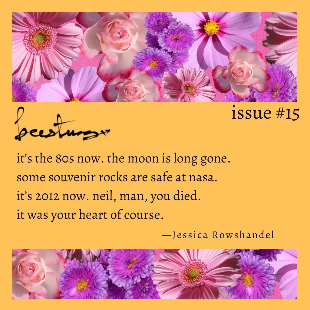 beestungmag's tweet photo. "it’s the 80s now. the moon is long gone.
some souvenir rocks are safe at nasa.
it’s 2012 now. neil, man, you died.
it was your heart of course." 

—Jessica Rowshandel

https://t.co/TYB02HDvZV https://t.co/bS4oMaqmnC