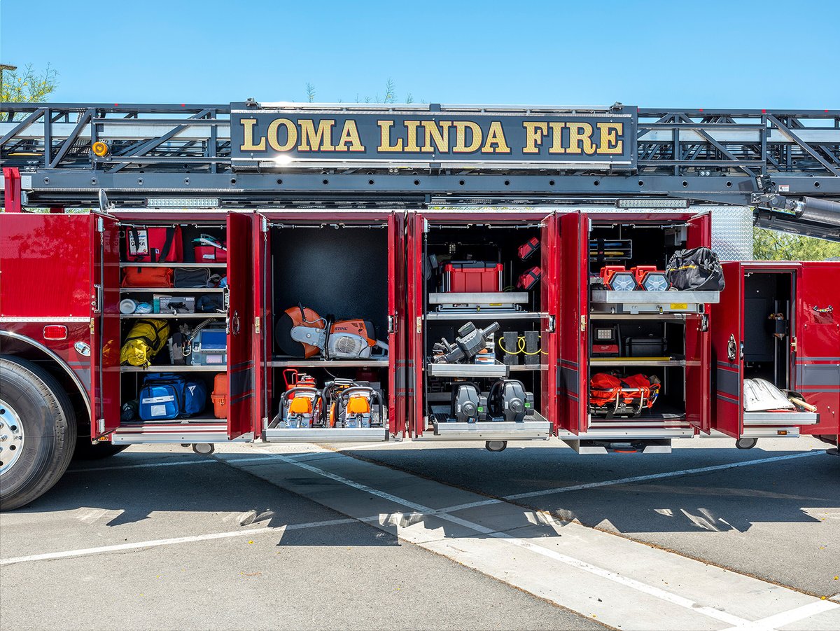 SmealFire's tweet photo. It's #TillerTime! Our June #TruckoftheMonth is Loma Linda Fire Department's 100' Tractor Drawn Aerial. This TDA's compact design offers ground ladder storage,  500 lb. tip load, and great compartment space. #SpartanER #Smeal #LadderTower #PuttingFirstRespondersFirst #firetruck https://t.co/AXcKff3Eds