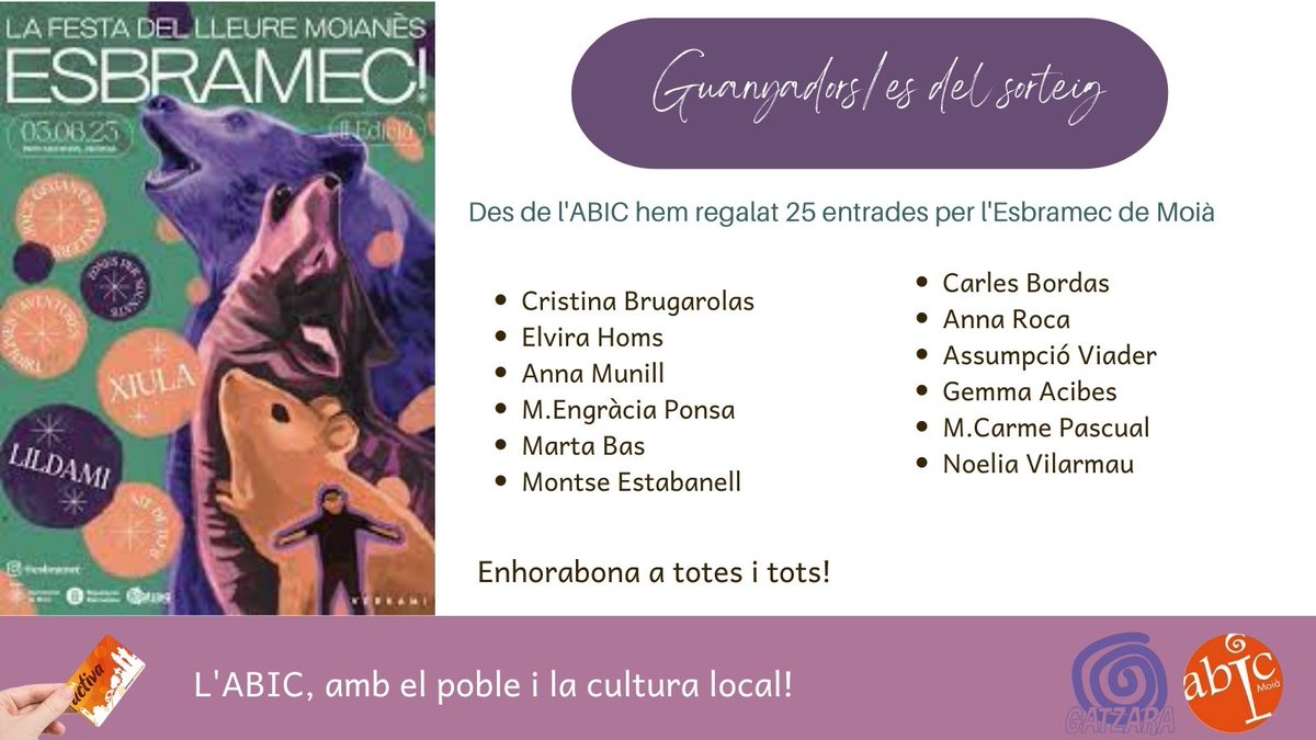 Des de l'<a href="/abicmoia/">Abic Moià</a> volem donar valor al municipi, a les seves associacions i als actes que s'hi organitzen.
És per aquest motiu que en les darreres setmanes hem sortejat 25 entrades per a l'Esbramec.
Enhorabona als premiats/es!
Gràcies als participants per comprar a <a href="/AbicMoia/">Abic Moià</a>