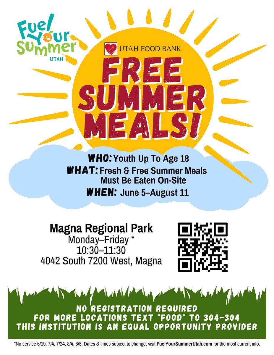 SLCOParksandRec's tweet photo. Free Summer Meals for Kids at Salt Lake County Parks
A partnership with @GraniteSchools, @utahfoodbank, and @SLCOParksandRec . For a complete list of all summer meal sites in the state, text “FOOD” to 304-304 
#slco #PeopleParksPlay #fuelyoursummer #utahkids https://t.co/KyolSJNodm