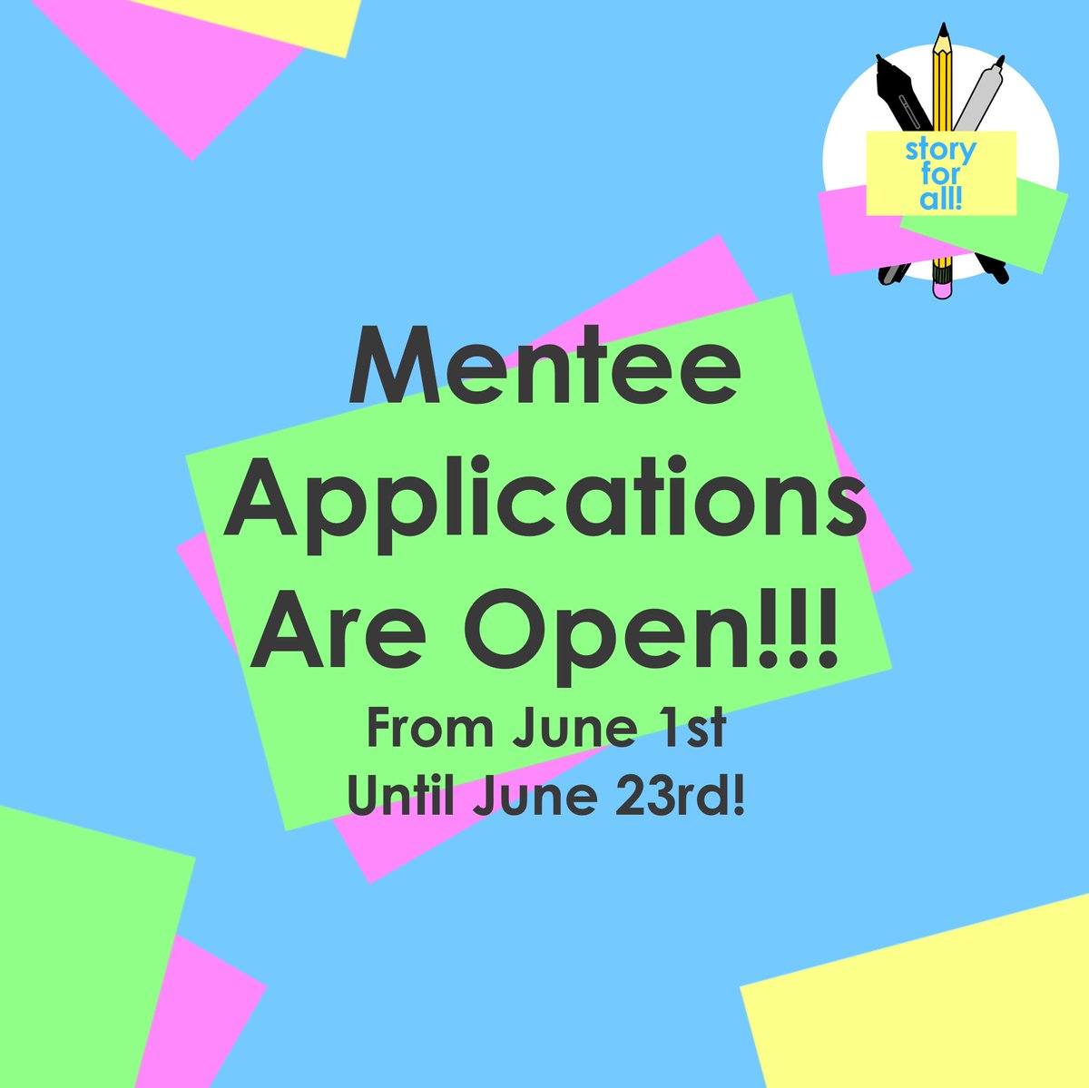 StoryMentorship's tweet photo. Our Mentee Application is live! Our team is excited to meet the future mentees of the program! Make sure to read the info @ https://t.co/PMEnd852tf https://t.co/6dQN88u1SW