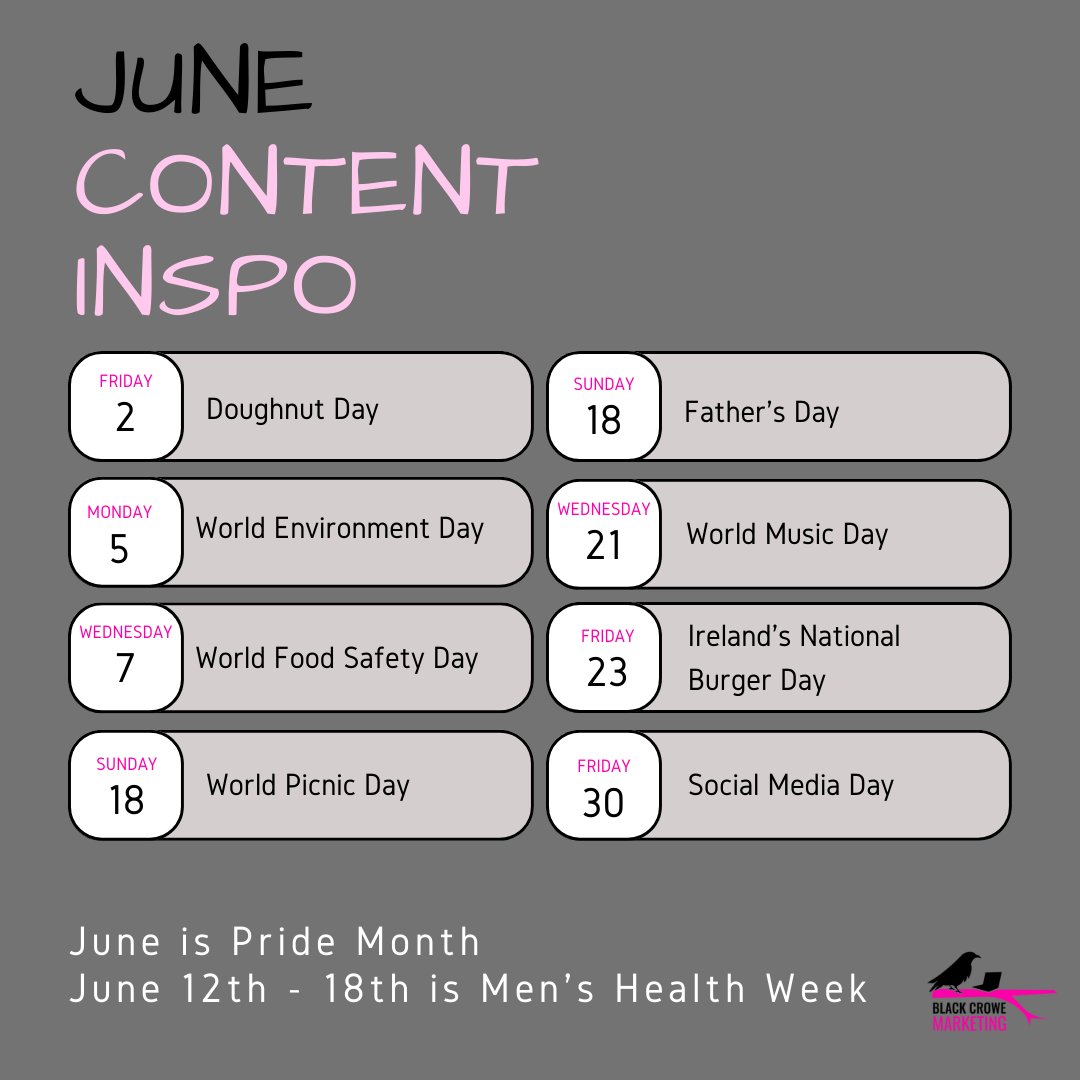 Happy New Month!🍩🧺🏳️‍🌈

#June brings sunshine (hopefully), picnics & more days to inspire your content calendar!

Contact us today to see how we can help you build your presence online.

#ContentIdeas #socialmediaforbusiness #SocialMediaManagement