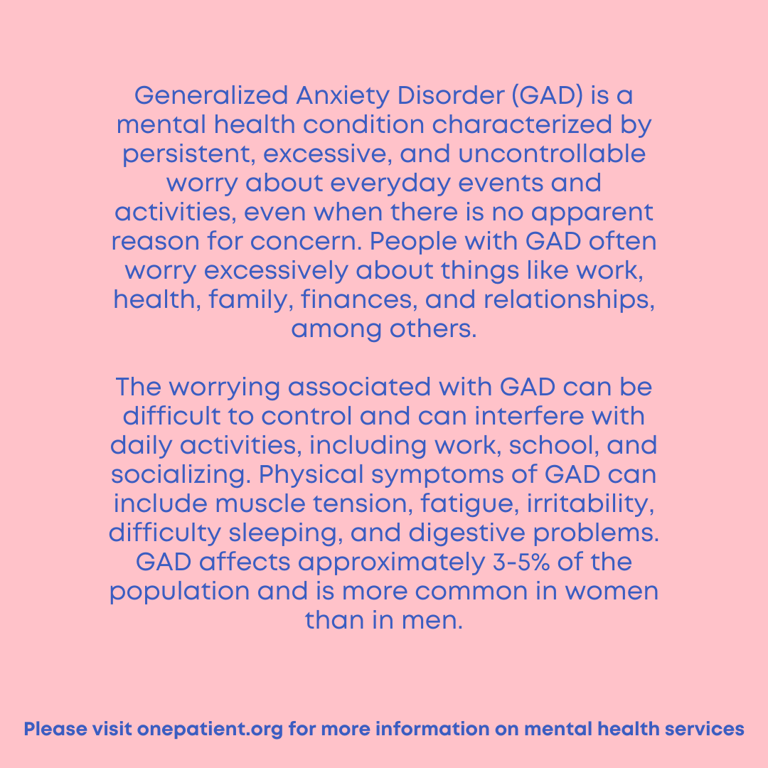 What is Generalized Anxiety Disorder? 

For more information, please visit our website!

#opghi #onepatient #gad #anxiety #mentalhealth #chicago #uptown