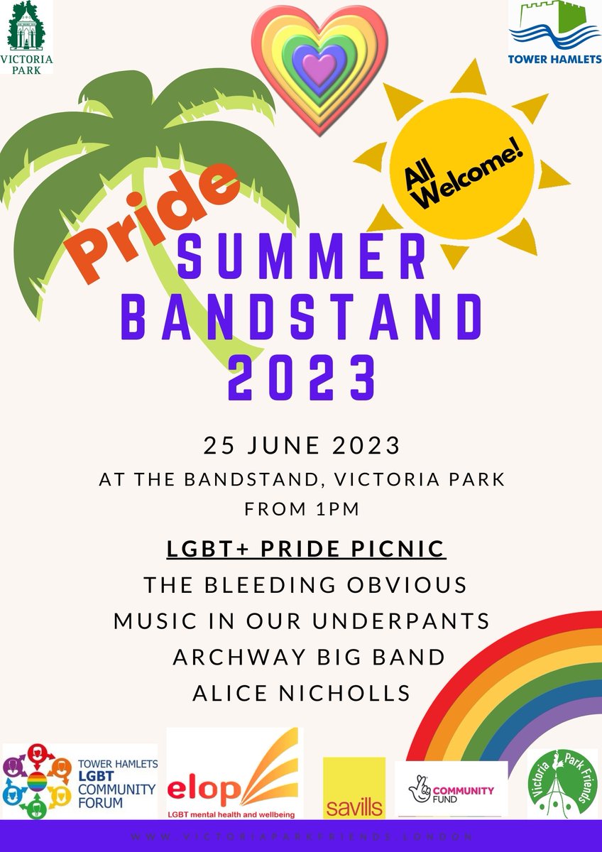 VickyParkFriend's tweet image. We have ordered enough rainbow bunting to go all the way around the @VickyParkLondon Bandstand @thLGBTvoices @ELOP_LGBT @Savills VP @PrideInLondon @MayorofLondon @TNLComFund-
@bleedingobvs hosts, bring a blanket, friends, children (we have the splash playground) food and drink