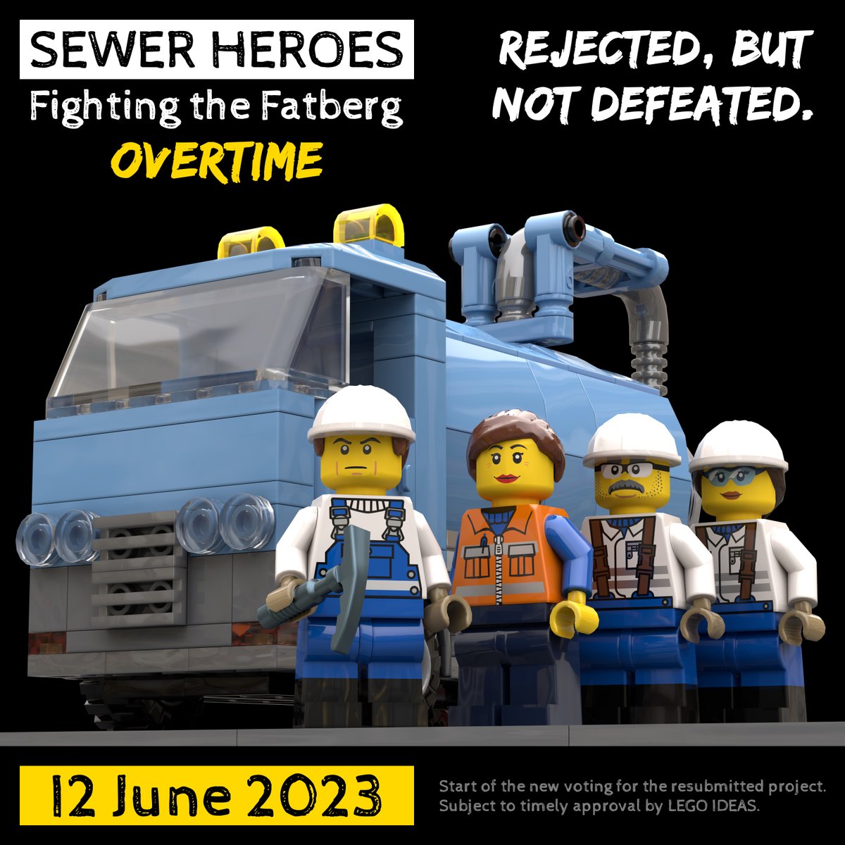 The_MOCingbird's tweet photo. After the rejection in the #LEGO IDEAS review, our Sewer Heroes will return for a 2nd attempt at gaining 10K supporters for another chance of becoming an official set:
"Sewer Heroes: Fighting the Fatberg - Overtime".
#wastewater #water #fatberg #abwasser #wash #sewer #lego #afol https://t.co/CnLrFVdelV