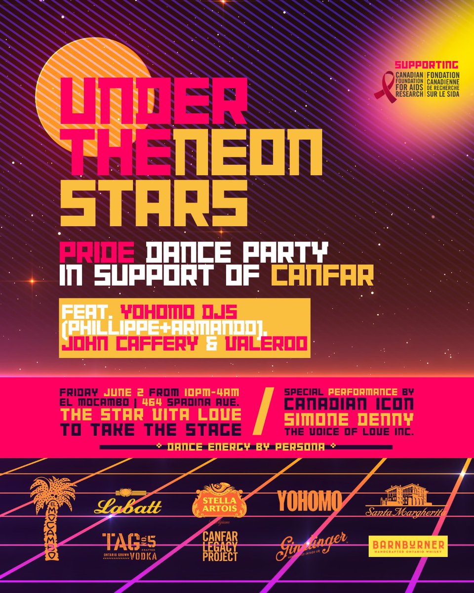 CANFAR's tweet image. Will we see you #UnderTheNeonStars with @weareyohomo tomorrow night at @theelmocambo? Feat. hot performances by @SimoneDenny, the voice of LOVE INC., The Star Vita Love, Persona &amp;amp; more. Get your tix: ticketweb.ca/event/under-th…