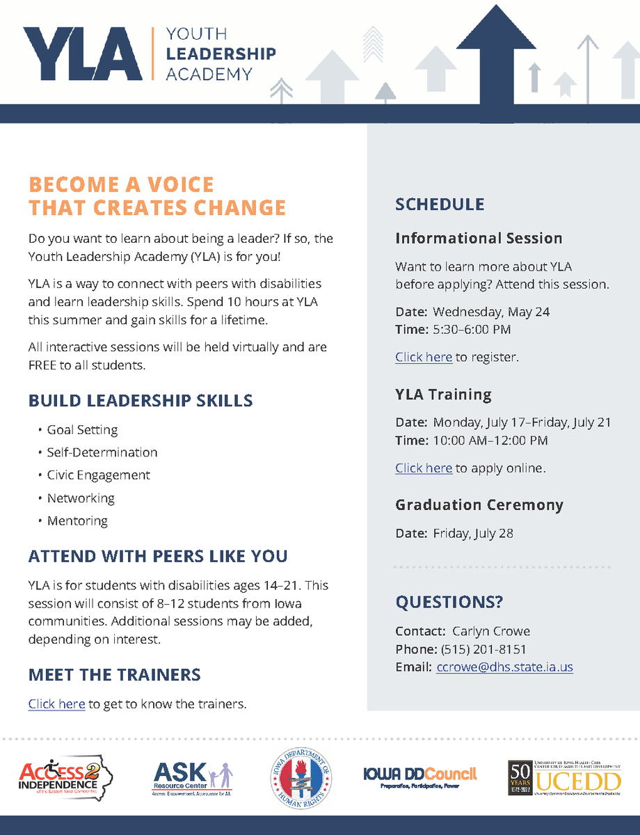 iowadhr's tweet photo. Applications are being accepted for the Youth Leadership Academy (YLA).  YLA is for students with disabilities ages 14–21. For details, visit https://t.co/UdbYlOvQsQ. https://t.co/5BNGcRJ6kR