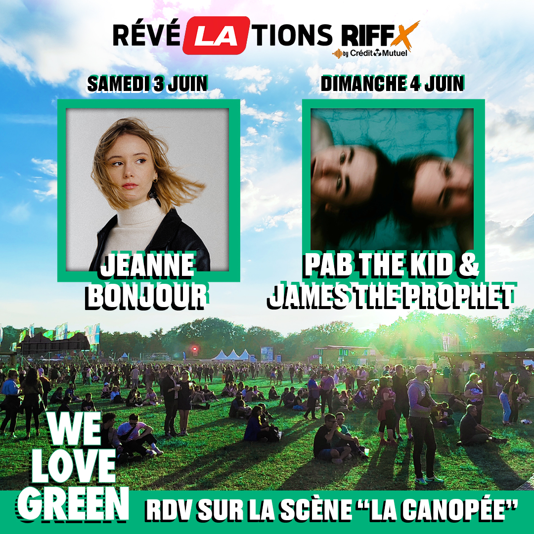 RIFFX by Crédit Mutuel (@riffx_fr) on Twitter photo Ça y est <a href="/WeLoveGreen/">WE LOVE GREEN</a> commence demain 💚
Heureux de vous présenter <a href="/jeannebonjour_/">Jeanne Bonjour</a>, <a href="/pabthekid/">Pab the Kid</a> et <a href="/jamesxprophet/">JTP</a>, les RévéLAtions RIFFX qui ouvriront la scène "La Canopée" du festival samedi et dimanche 😁 #WLG23 #WeLoveGreen
Rendez-vous sous le soleil du bois de Vincennes ☀️ Ça y est <a href="/WeLoveGreen/">WE LOVE GREEN</a> commence demain 💚
Heureux de vous présenter <a href="/jeannebonjour_/">Jeanne Bonjour</a>, <a href="/pabthekid/">Pab the Kid</a> et <a href="/jamesxprophet/">JTP</a>, les RévéLAtions RIFFX qui ouvriront la scène "La Canopée" du festival samedi et dimanche 😁 #WLG23 #WeLoveGreen
Rendez-vous sous le soleil du bois de Vincennes ☀️