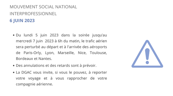 DGAC's tweet photo. #Perturbations | Mouvement social national interprofessionnel du 6 juin 2023. https://t.co/eEdql7NkwY