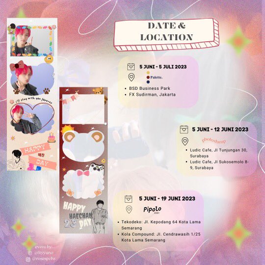 [RT &amp; likes are appreciated]

🐻Brightest St★r Lee Haechan🐻
Haechan Birthday Photobooth Event by <a href="/ltyyuno/">ʚїɞ d</a> 

🗓️ 5 Juni-5 Juli 2023
📍pictple, palette.id, photodump, pipolo studio,
⭐️details on poster! 

don’t forget to use #BrightestStarLHC !! hope you like it💗