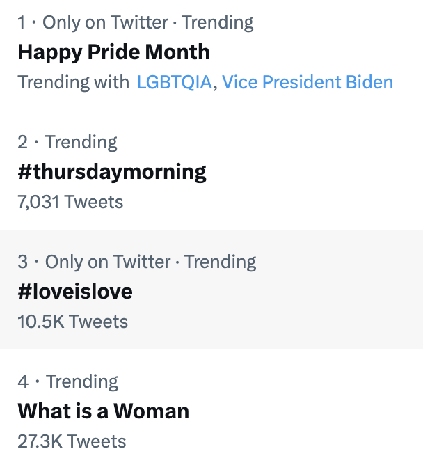 MattWalshBlog's tweet photo. You all of course understand that we have to make "What Is A Woman" the number one trend on the first day of Pride Month. We're so close https://t.co/iuq8mw6xBu
