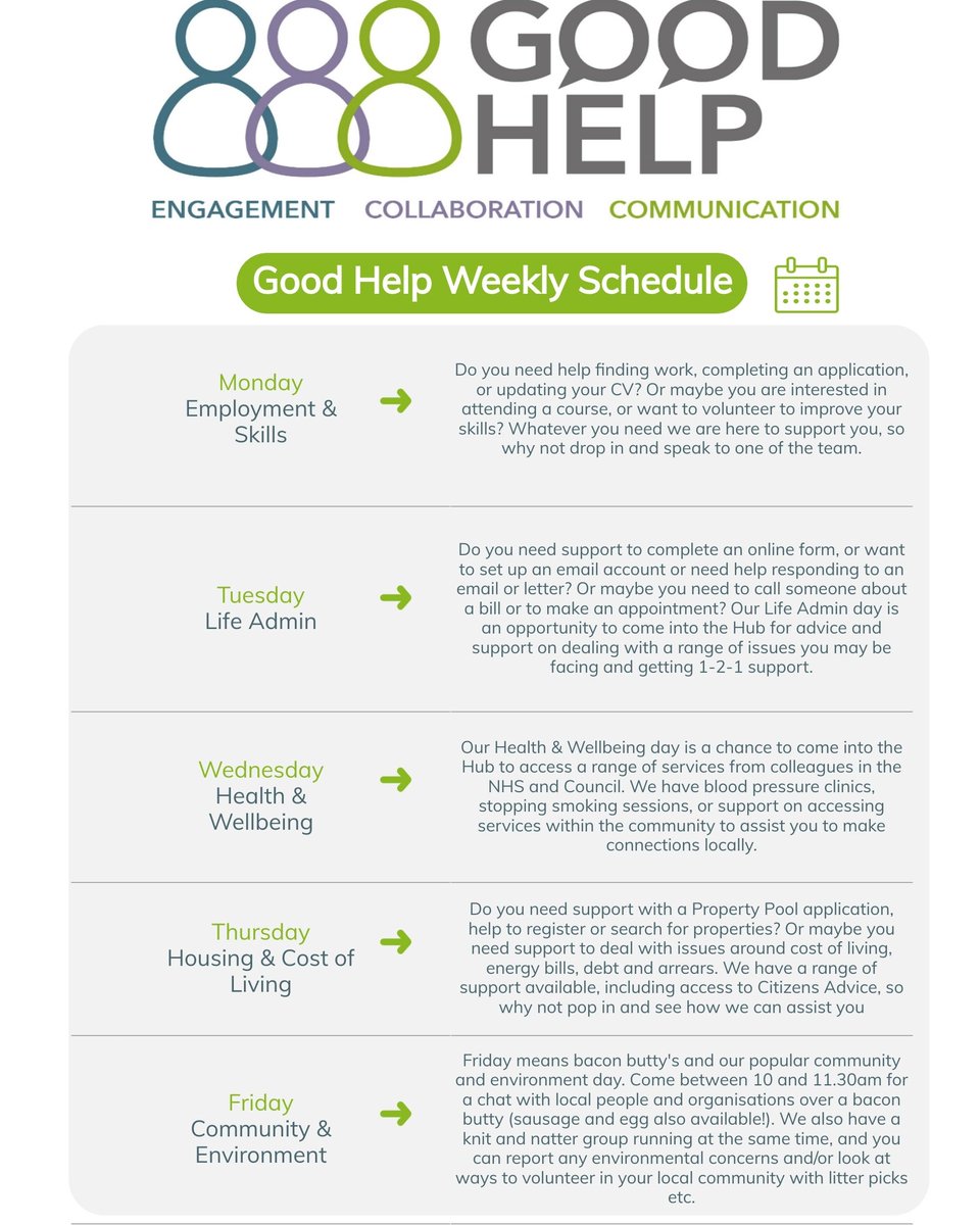 GoodHelpHub's tweet image. Hello all, we have a new timetable of events now to make better use of our time. Don't worry.. Bacon Butty Friday is staying the same but we are switching our Citizens Advice day to Thursday! 
Have a good look !