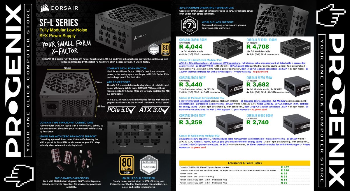 Who dares to install an RTX40-series graphics card in an ITX case? Corsair has your back. Their new SF-L series PSUs are ATX3.0 / PCIe 5.0 compatible :D Get yours here progenix.co.za/Components/PSU…