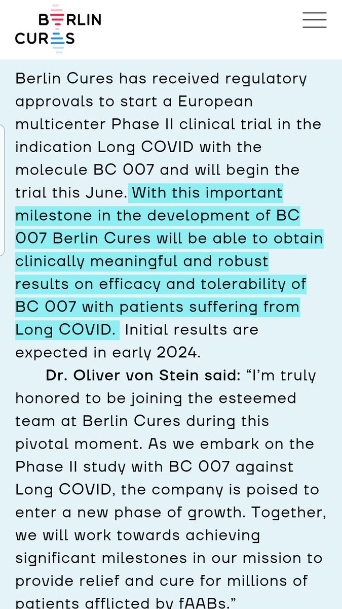 @BerlinCures will start their phase II trial on BC007 for #LongCovid in June. First results are expected at the beginning of next year!