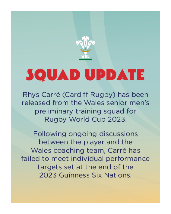 WelshRugbyUnion's tweet photo. DIWEDDARIAD CARFAN | Carre wedi ei ryddhau o garfan Cymru.

SQUAD UPDATE | ⬇️ https://t.co/EugKTOqoKd