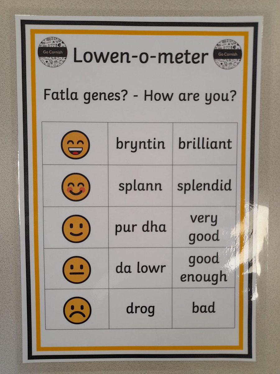 gocornish's tweet image. Fatla genes? / How are you? We&apos;ve been very cheered up by this Lowen-o-meter from @LuxulyanSchool Pur dha! / Very good! #Cornish #Kernewek #CornishLanguage