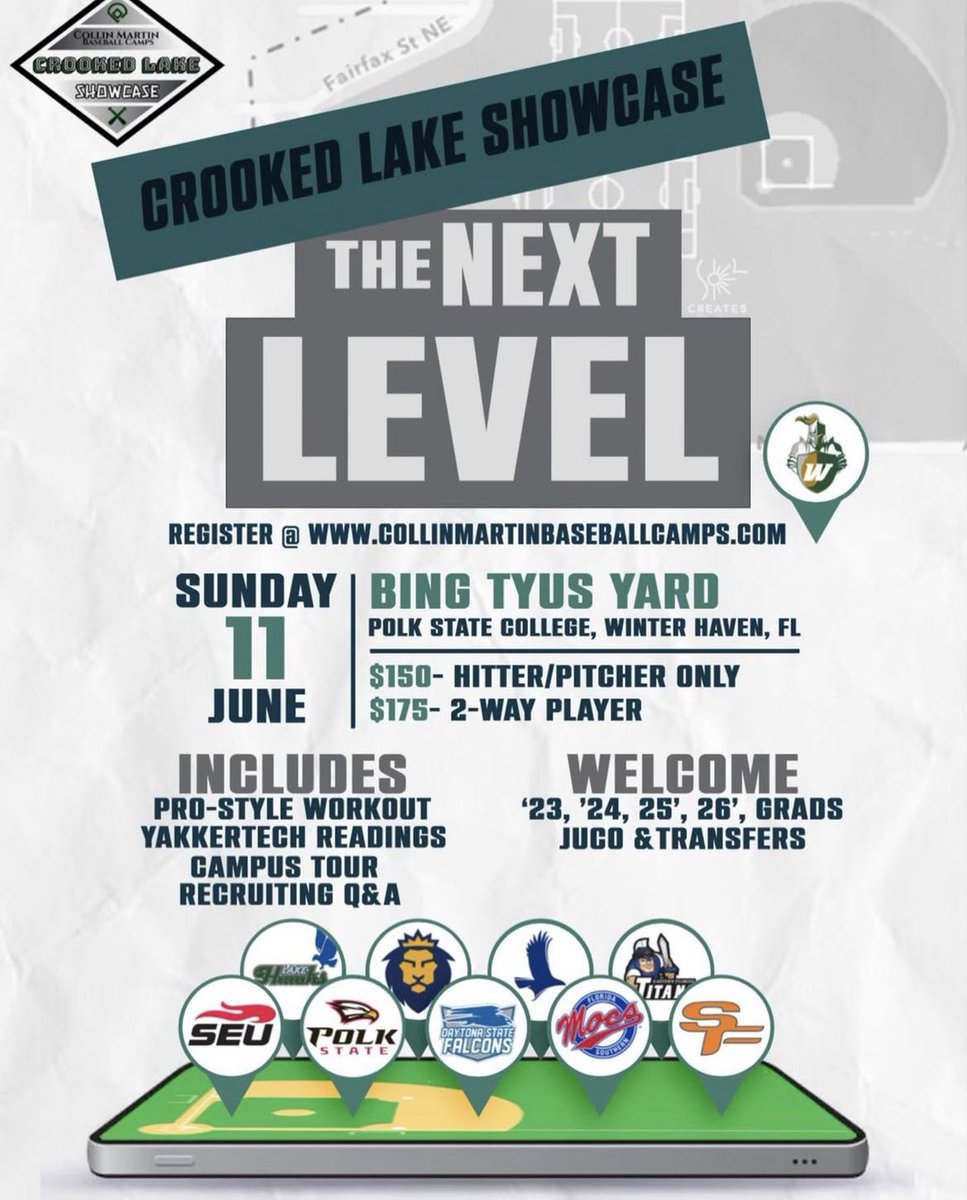 Crooked Lake Showcase 
Sunday June 11, 2023
Myself and 8 other college coaches will be on field looking for 23’s-26’s!
collinmartinbaseballcamps.com to sign up today!