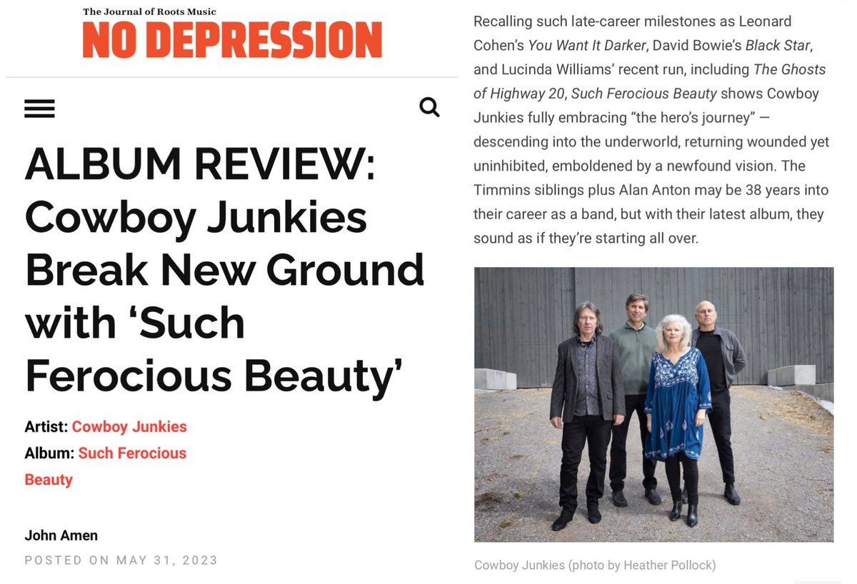 Thank you @nodepression! 'Such Ferocious Beauty unfurls as a pitch-perfect sequence and late-career classic.' Full review here: nodepression.com/album-reviews/… #cowboyjunkies #newalbum #sucferociousbeauty