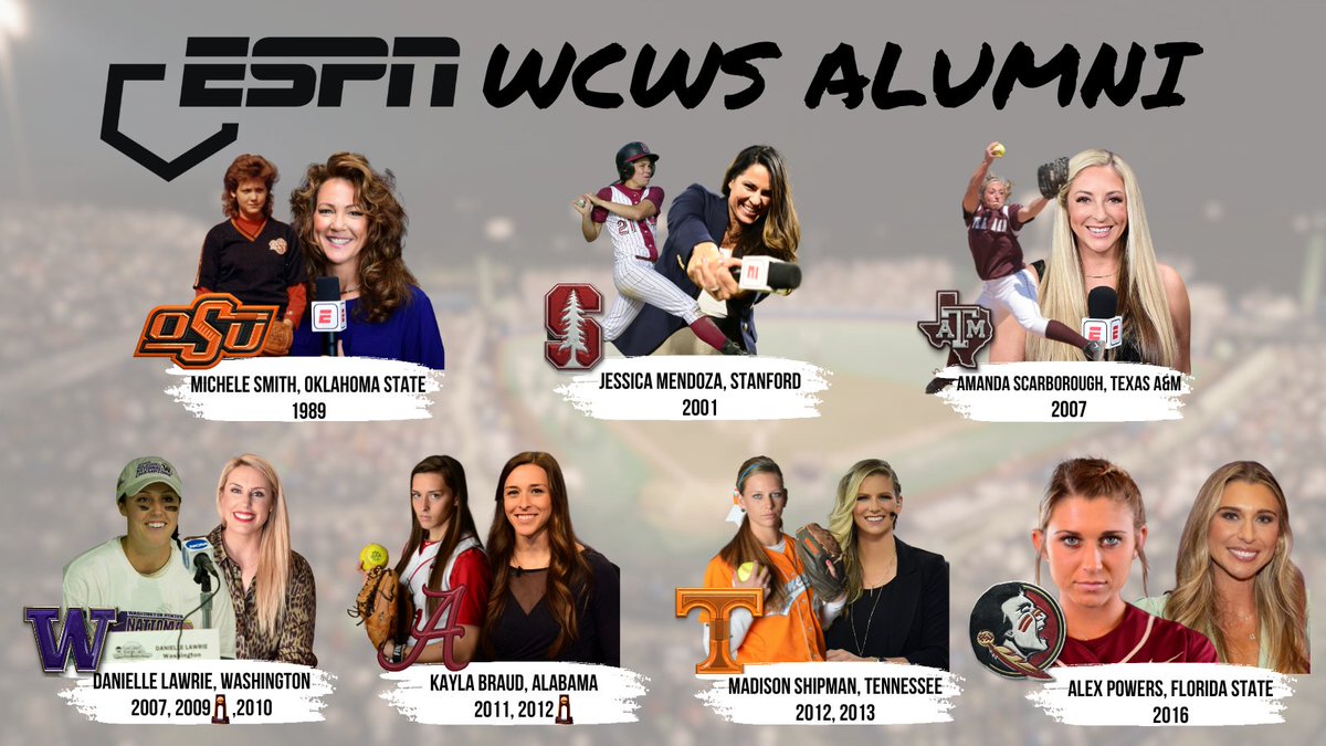 ESPN's @NCAASoftball coverage has its own stacked roster with 7 analysts who are #WCWS alumni & 2 national champions 🥎 @MicheleSmith32 🥎 @jessmendoza 🥎 @ascarborough 🥎 @daniellelawrie5 🏆 🥎 @KaylaBraud1 🏆 🥎 @MaddiShip 🥎 @alexxpowers #NCAASoftball | #TBT