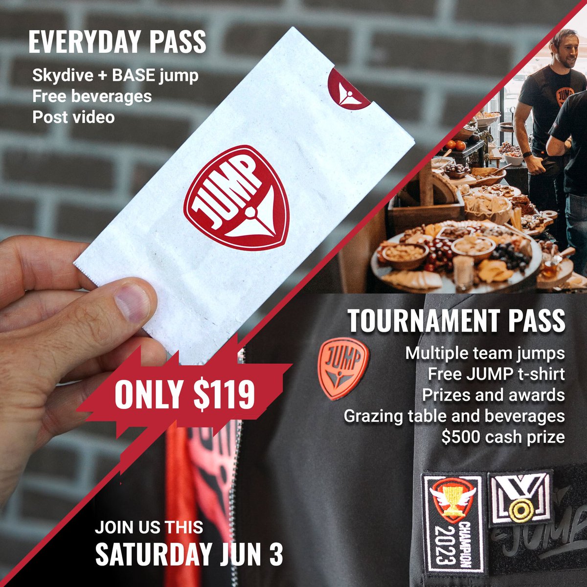 For the cost of a regular everyday pass, enjoy thrilling team jumps, receive a complimentary JUMP t-shirt, and compete for fantastic prizes, including a $500 cash grand prize, and indulge in a delightful grazing table with free beverages. No prior experience is needed!