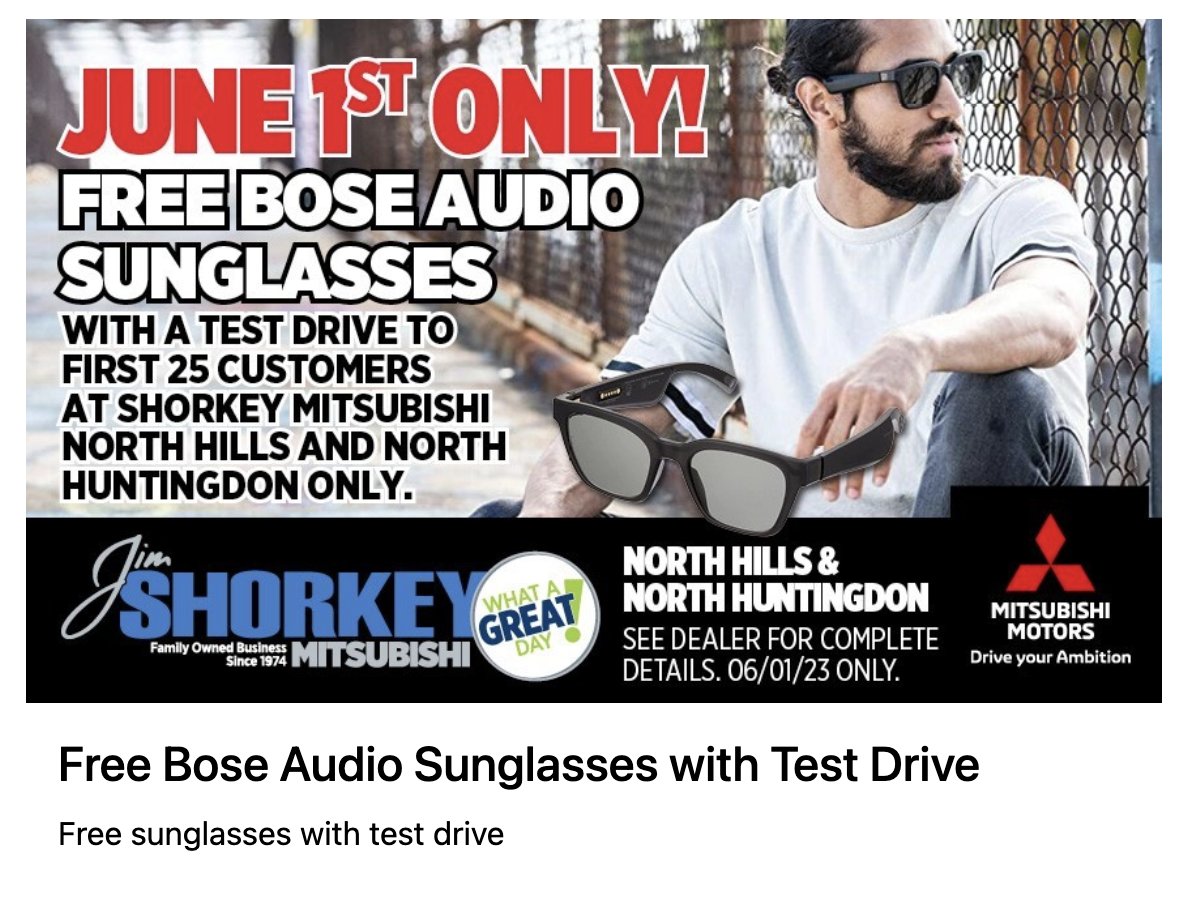 It's @iHeartRadio Access Day!!!

Test drive a vehicle at Shorkey Mitsubishi North Hills and North Huntingdon and you can take home a free pair Bose Sunglasses! 

First 25 customers at only.

Check out their deal and many more available for #iHeartAccessDay!

#Sponsored