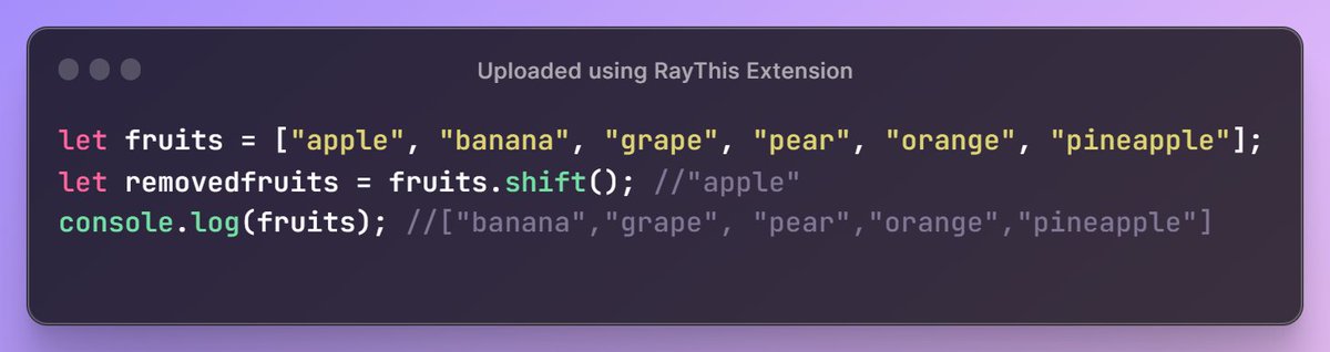 josyejiro's tweet image. Day 10 of my #100DaysOfCode challenge! Today, I engaged myself learning an awesome array attributes: .shift()
using .shift(), you can easily remove the first element from the array and store it in a variable for further use.
#javascript #ArrayMethod