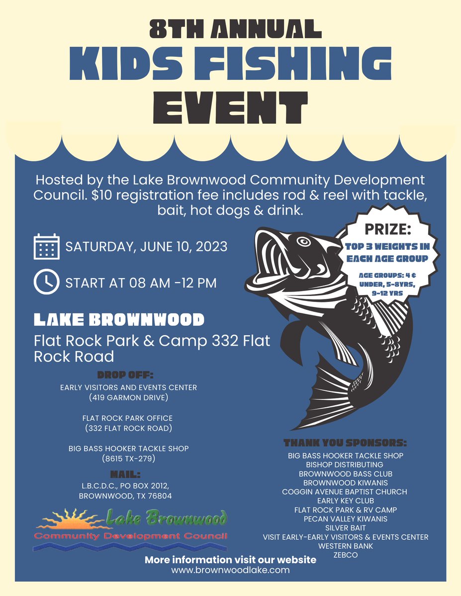 VisitEarlyTexas's tweet photo. The 8th Annual Kid's #FishingEvent is THIS Saturday! Enjoy a #fun morning at #LakeBrownwood fishing 🐟
#fishing #fish #events #visitearlyvisitoften https://t.co/zu3JacDZnj