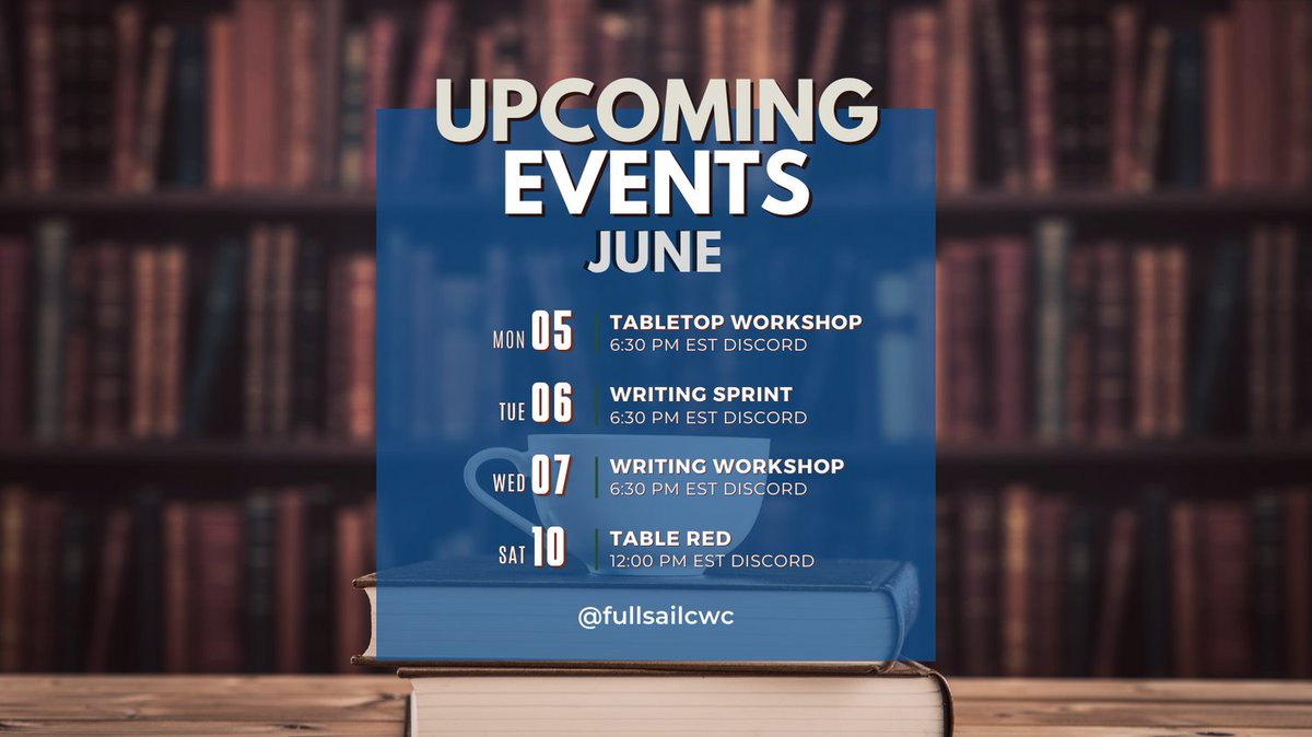 Mark your calendar! Join us for our upcoming events: For full details, visit our club page on FSO.

#writing #fullsailuniversity #fullsailalumni #creativewriting #fullsailcwc #workshop #writingworkshop #tabletop #showcase #writingsprint