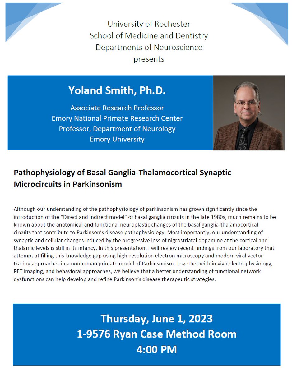 John J. Foxe (@johnnyfoxe) on Twitter photo Looking forward to introducing our very own <a href="/EJNeuroscience/">European Journal of Neuroscience</a> Senior Editor - Prof. Yoland Smith <a href="/SmithYoland/">yoland smith</a> of <a href="/EmoryUniversity/">Emory University</a> who is giving our <a href="/URNeuroscience/">Del Monte Institute for Neuroscience</a> symposium today at 4pm
#Parkinsons <a href="/UR_Med/">UR Medicine</a> #URochesterResearch Looking forward to introducing our very own <a href="/EJNeuroscience/">European Journal of Neuroscience</a> Senior Editor - Prof. Yoland Smith <a href="/SmithYoland/">yoland smith</a> of <a href="/EmoryUniversity/">Emory University</a> who is giving our <a href="/URNeuroscience/">Del Monte Institute for Neuroscience</a> symposium today at 4pm
#Parkinsons <a href="/UR_Med/">UR Medicine</a> #URochesterResearch