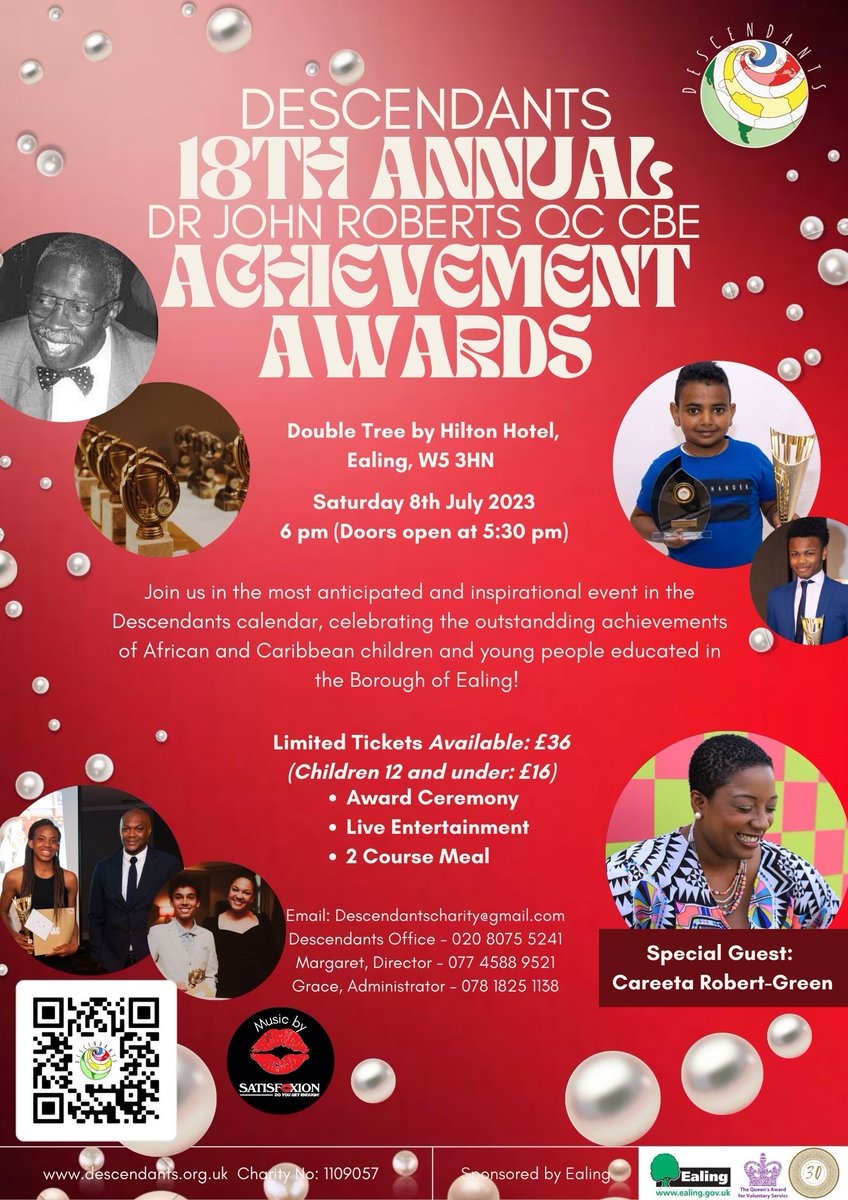 Descendants most anticipated event in our callender of event.  the inspirational 18th annual Education awards, The Dr John Roberts QC CBE achievement awards 2023.  Saturday 8th July 2023. Double Tree by Hilton. Special guests, The dynamic, inspirational Careeta Robert-Green.